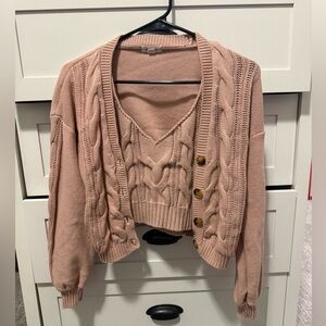 Elegant V-Neck Cable Knit Sweater - Pink